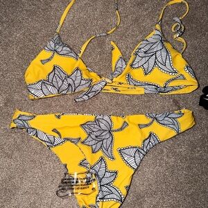 Yellow Leaf Print Bikini Set